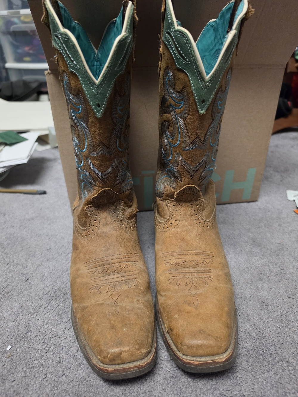 Brown Suede Cowboy Boots with Teal Stitching